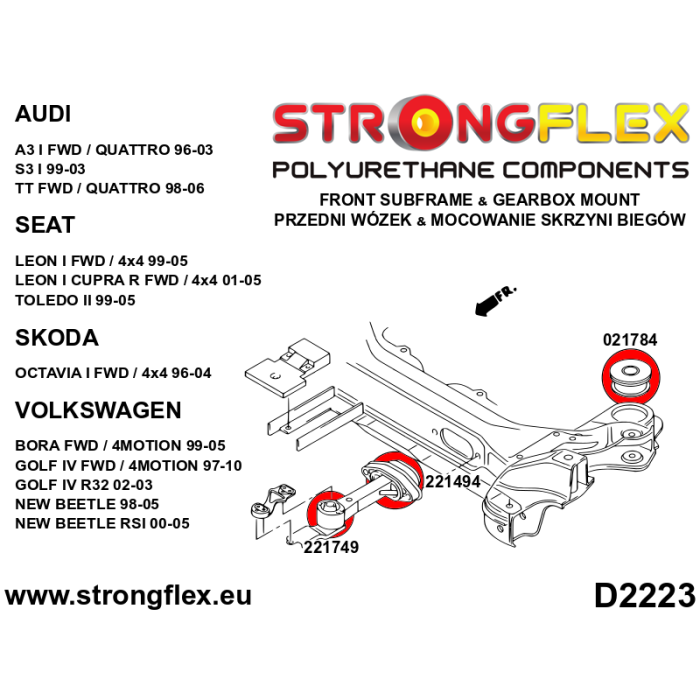 021784B Front subframe bushing for Audi A3 TT Seat Leon Skoda Octavia VW Golf IV Bora FWD