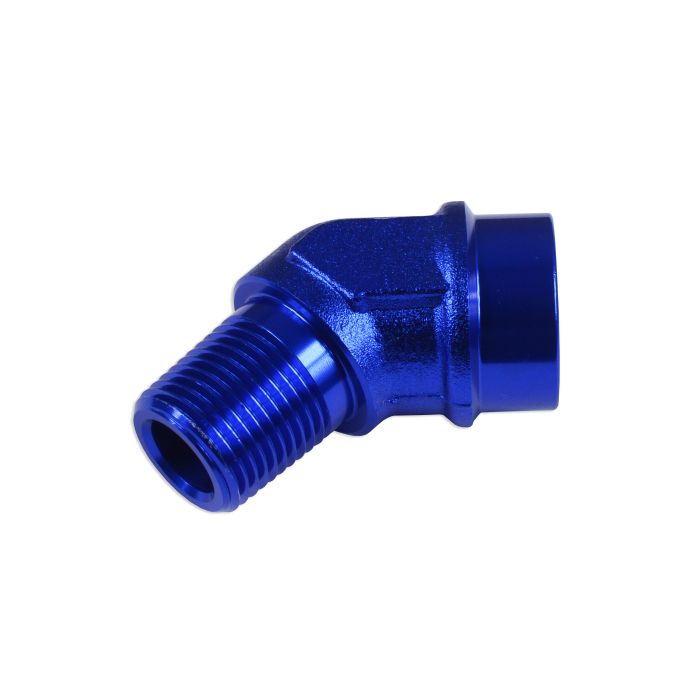 1/2 NPT Adapter, 45-degree Female-to-Male Hose Coupling, Blue.