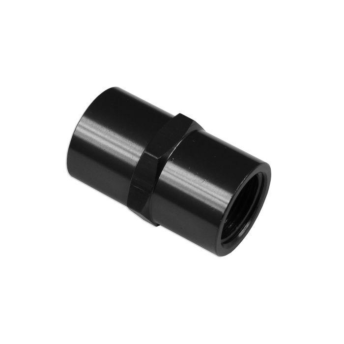 Oil hose connection adapter, 1/2 NPT female to 1/2 NPT straight fitting, black.