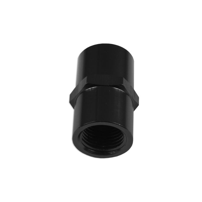 Oil hose connection adapter, 1/2 NPT female to 1/2 NPT straight fitting, black.