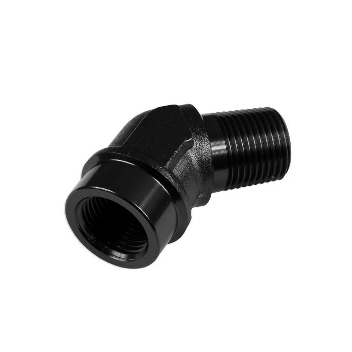 Adaptador de 1/4 NPT, acoplamiento hembra-macho de 45' para manguera, color negro.