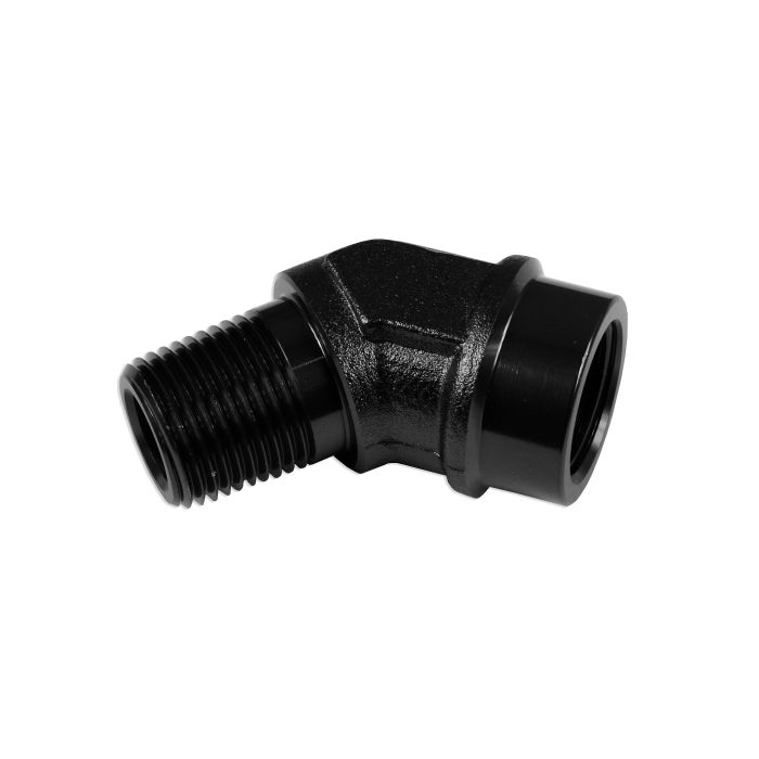 Adaptador de 1/4 NPT, acoplamiento hembra-macho de 45' para manguera, color negro.