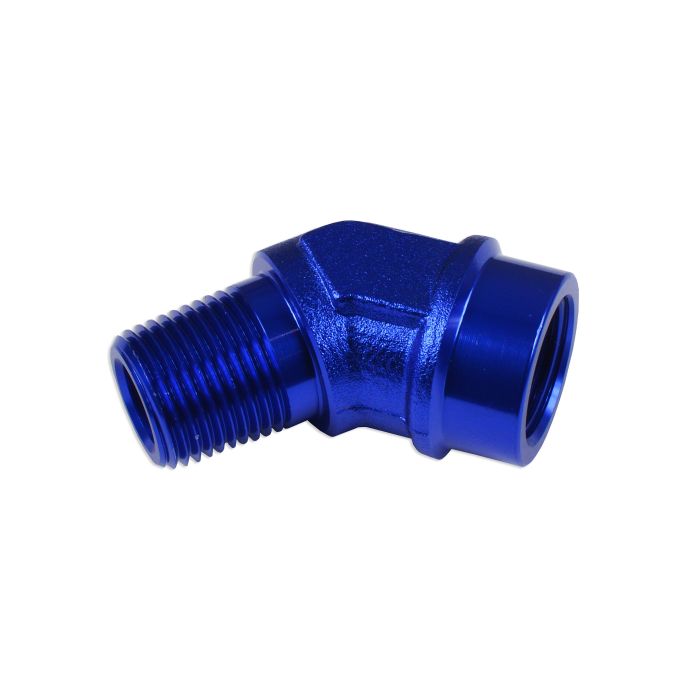 Adaptador de 1/4 NPT, acoplamiento hembra-macho de 45' para manguera, color azul.