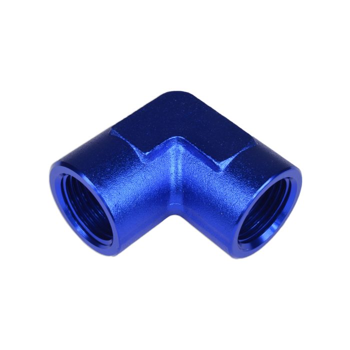 Adaptador de 1/8 NPT, acoplamiento hembra-hembra de 90" para manguera, color azul.