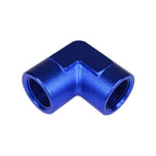 Adaptador de 1/8 NPT, acoplamiento hembra-hembra de 90" para manguera, color azul.