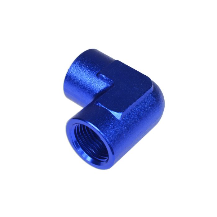 1/8 NPT adapter, 90-degree female-to-female hose coupling, blue.