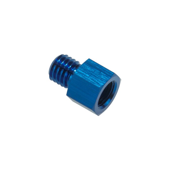 Blue adapter for oil and fuel pressure sensor pump, 1/8 NPT female thread to M10x1.25 Metri male thread.