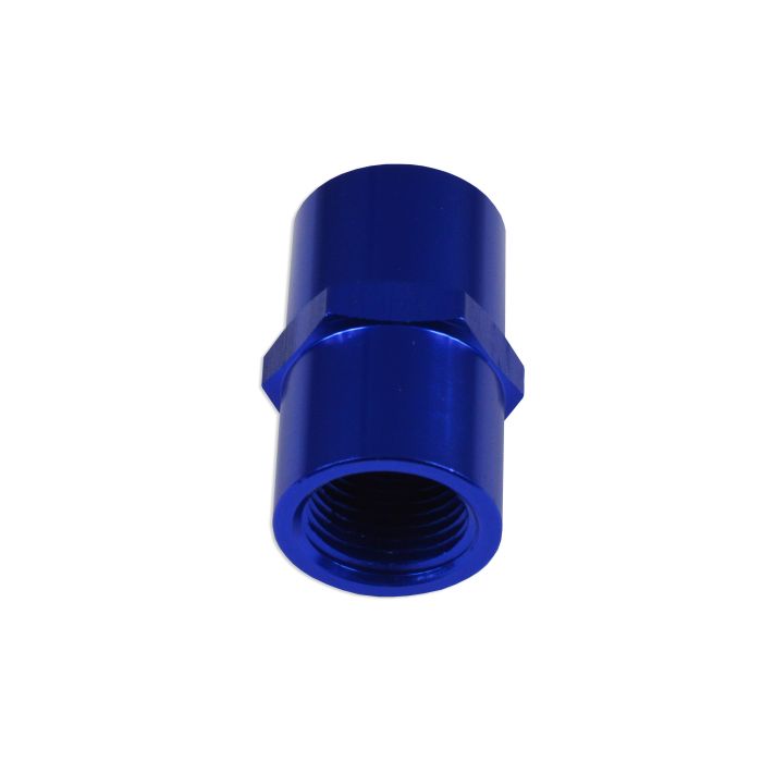 Oil Hose Adapter Fitting, 1/8 NPT Female to 1/8 NPT Straight Bushing, Blue.