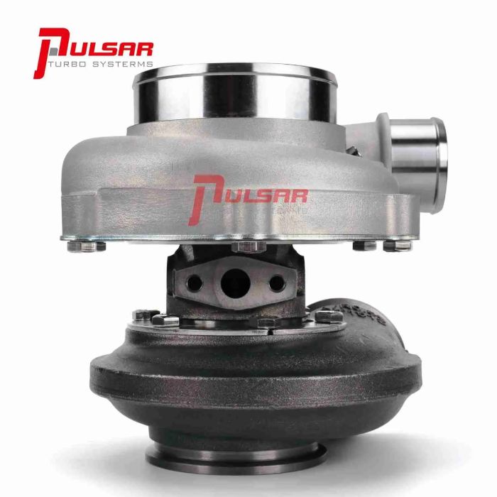 Turbo Pulsar PSR 3067 Gen2 with dual ceramic ball bearing T51R MOD, dual V-Band 0.72 A/R, machined aluminum IWG actuator, 7.4 psi, with PSR logo.