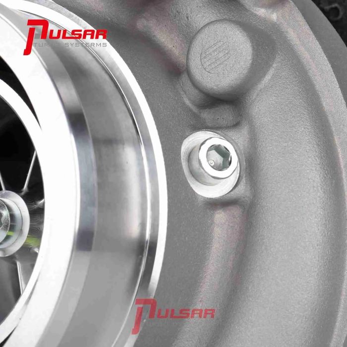 Turbo Pulsar PSR 3067 Gen2 with dual ceramic ball bearing T51R MOD, dual V-Band 0.72 A/R, machined aluminum IWG actuator, 7.4 psi, with PSR logo.