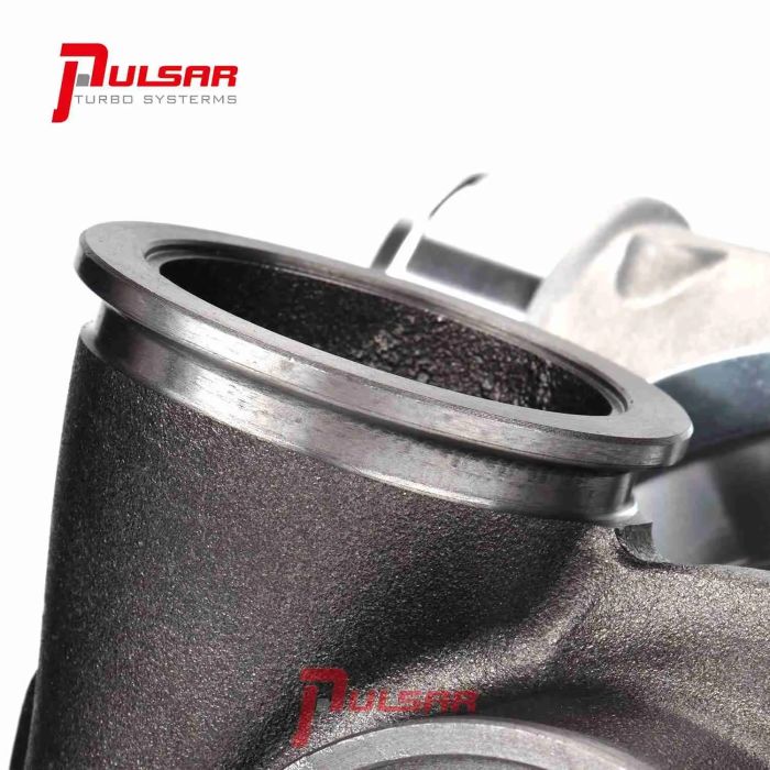 Turbo Pulsar PSR 3067 Gen2 with dual ceramic ball bearing T51R MOD, dual V-Band 0.72 A/R, machined aluminum IWG actuator, 7.4 psi, with PSR logo.