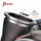 Turbo Pulsar PSR 3067 Gen2 with dual ceramic ball bearing T51R MOD, dual V-Band 0.72 A/R, machined aluminum IWG actuator, 7.4 psi, with PSR logo.