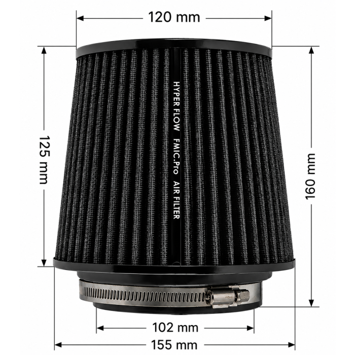FMIC.Pro Conical Air Filter, 125 mm length, 102 mm diameter, black.