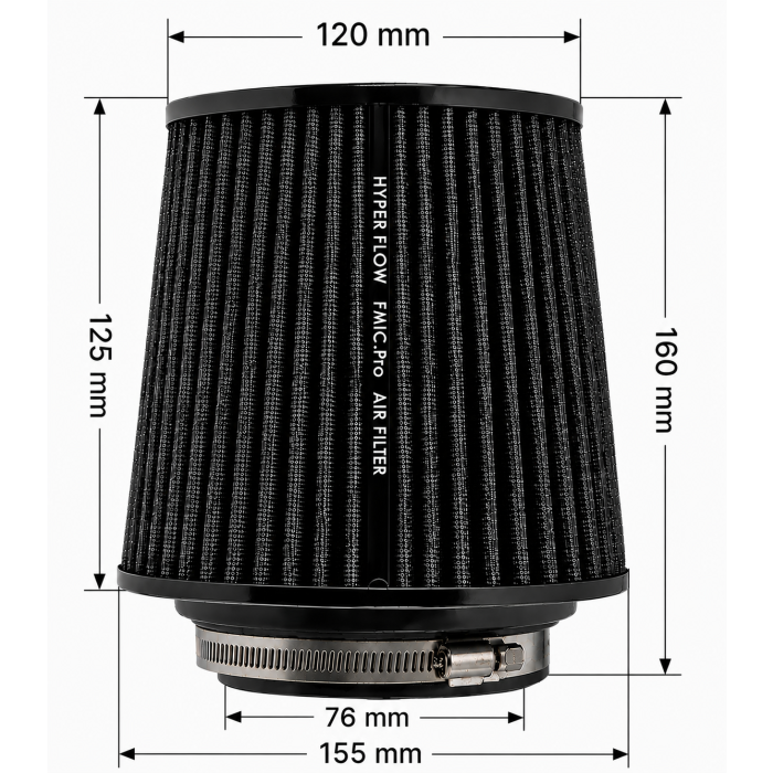 FMIC.Pro Conical Air Filter, 125 mm length, 76 mm diameter, black.