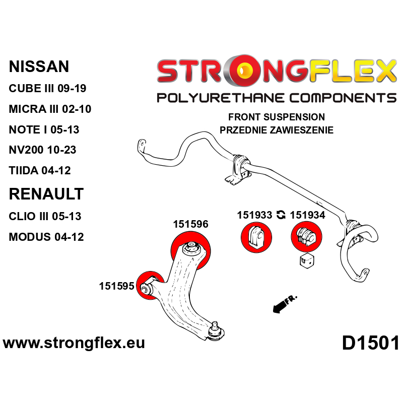 156081A: Kit de silentblocks SPORT de la suspensión delantera para Nissan Cube Micra Note Tiida Renault Clio Modus