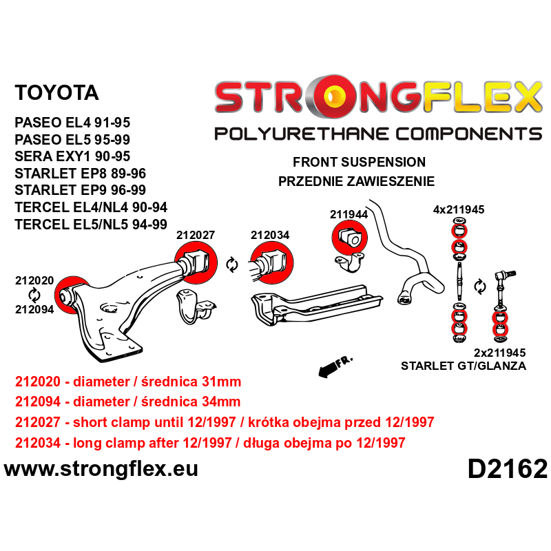 212094A Silentblock delantero de brazo de suspensión delantero 34 mm SPORT para Toyota Starlet EP82 GT Turbo 1989-1996
