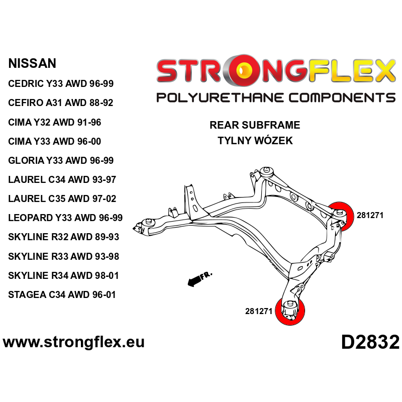 286205A Kit de silentblocks de subchasis trasero AWD SPORT para Nissan Cefiro / Laurel / Skyline / Stagea