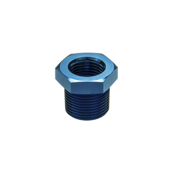 3/4 NPT male to 1/8 NPT female reducing pipe, bushing, and hose adapter, blue.