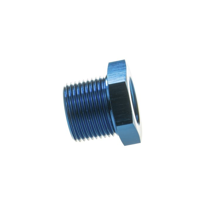 Pipe reducer adapter, bushing, and hose, 3/8 NPT male to 1/4 NPT female, blue.