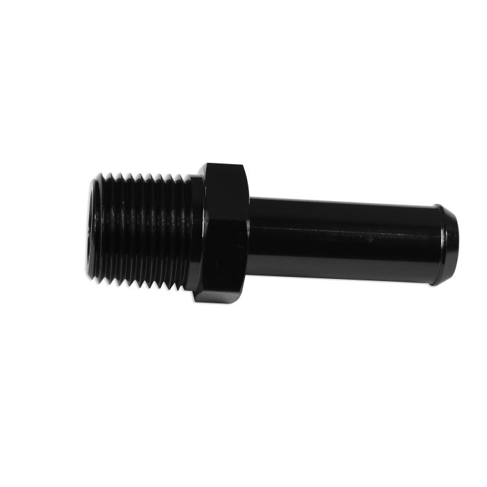 3/8 NPT to 12-13 mm (1/2) hose adapter with push-to-connect and barbed end, black fuel.