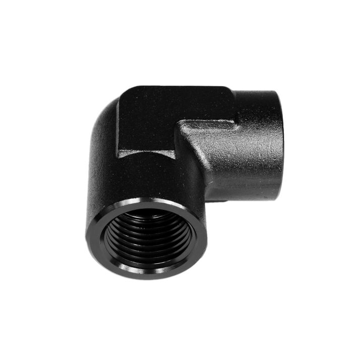 3/8 NPT adapter, 90-degree female-to-female coupling, black.