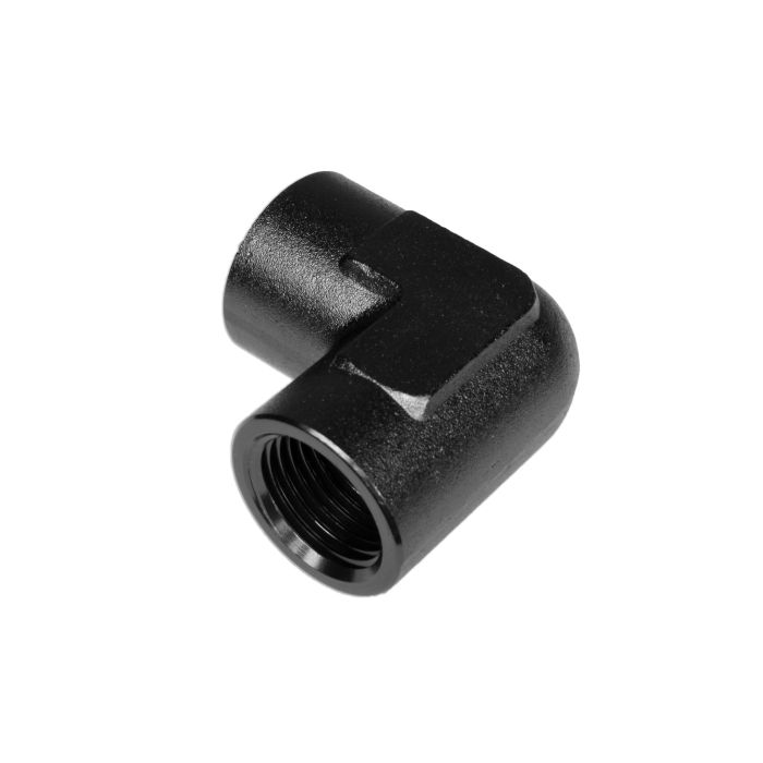 3/8 NPT adapter, 90-degree female-to-female coupling, black.