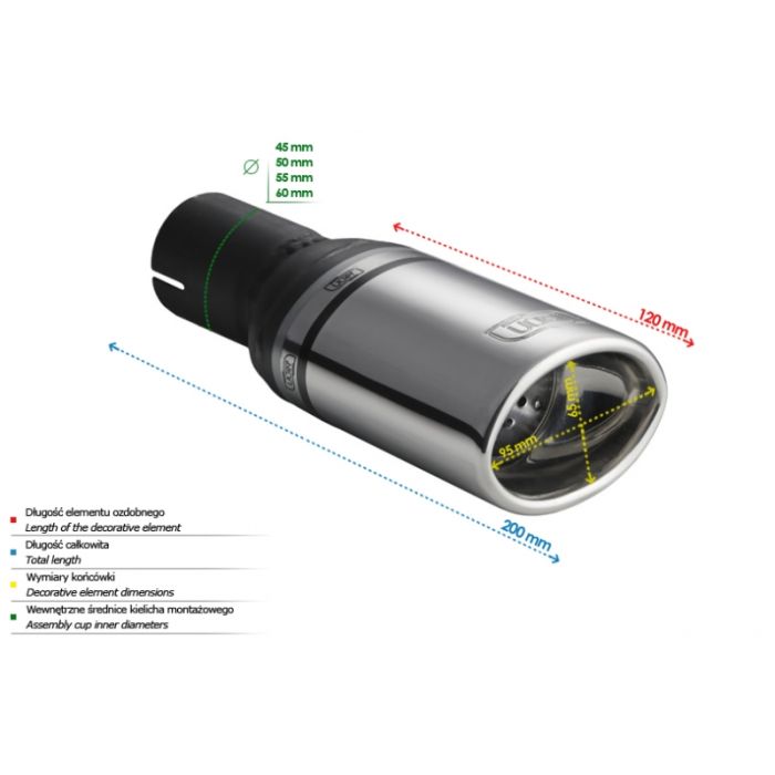 95x65mm Oval Exhaust Pipe Tip 80mm Length 55mm Mounting Diameter Universal.