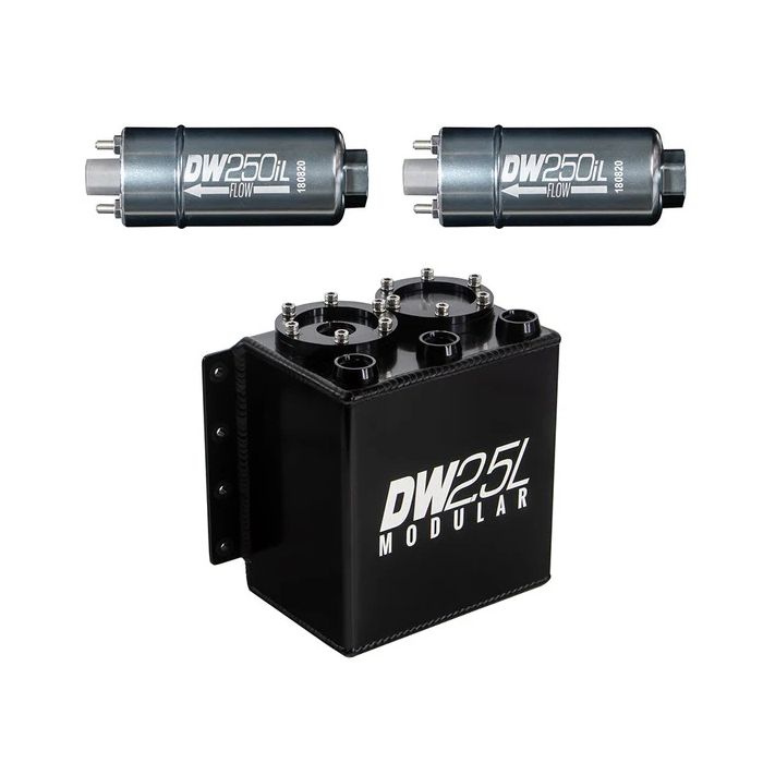 DeatschWerks 2.5L Surge Tank with 2 x 250 Inline Fuel Pumps.