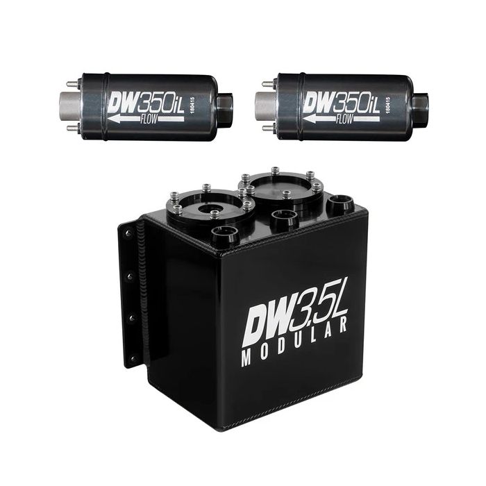 DeatschWerks 3.5L Surge Tank with 2 x 350i L In-Line Fuel Pumps.