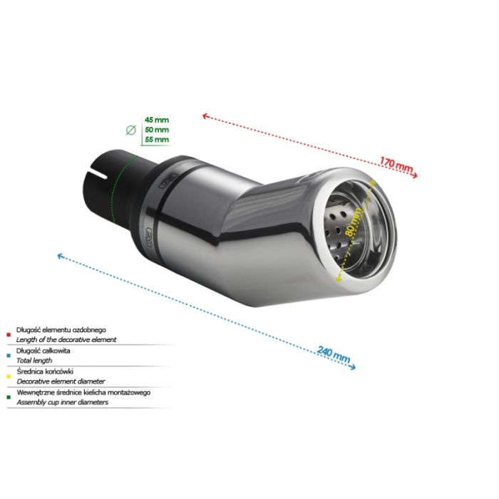 80mm Round Universal Exhaust Tip, 170mm Length, 50mm Mount Diameter.