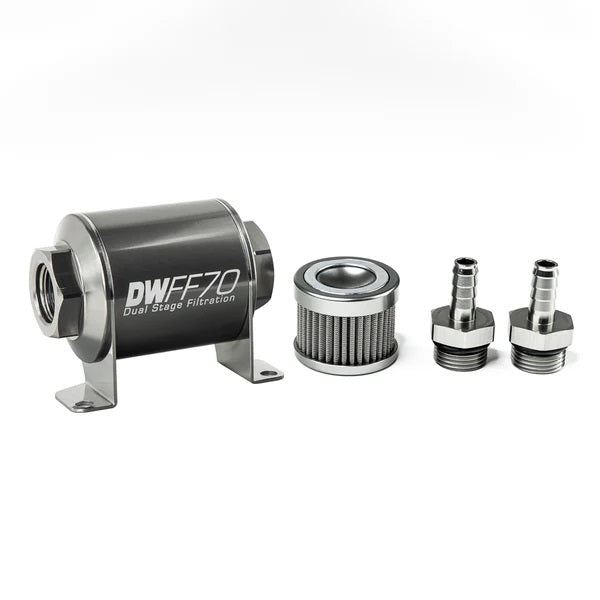 Kit de filtro de combustible en línea DeatschWerks de 3/8 pulg., 100 micras, 70 mm