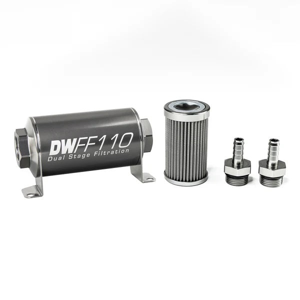 Kit de filtro de combustible en línea DeatschWerks de 3/8 pulg., 100 micras, 110 mm