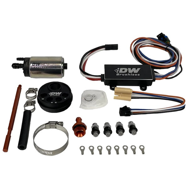 DeatschWerks Internal Pump Adapter and DW440 440 LPH Brushless Fuel Pump with Controller for 3.5L Surge Tank.