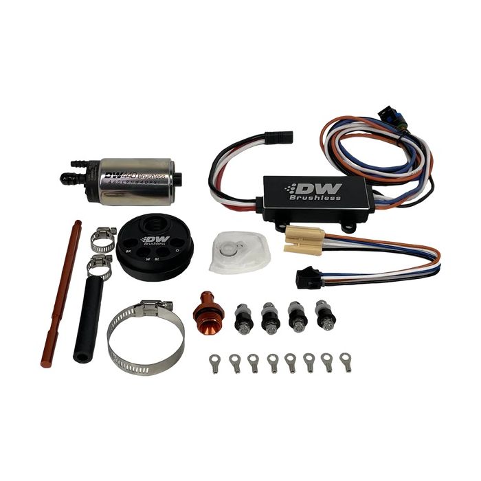 DeatschWerks Internal Pump Adapter and DW440 440 LPH Brushless Fuel Pump with Controller for 3.5L Surge Tank.