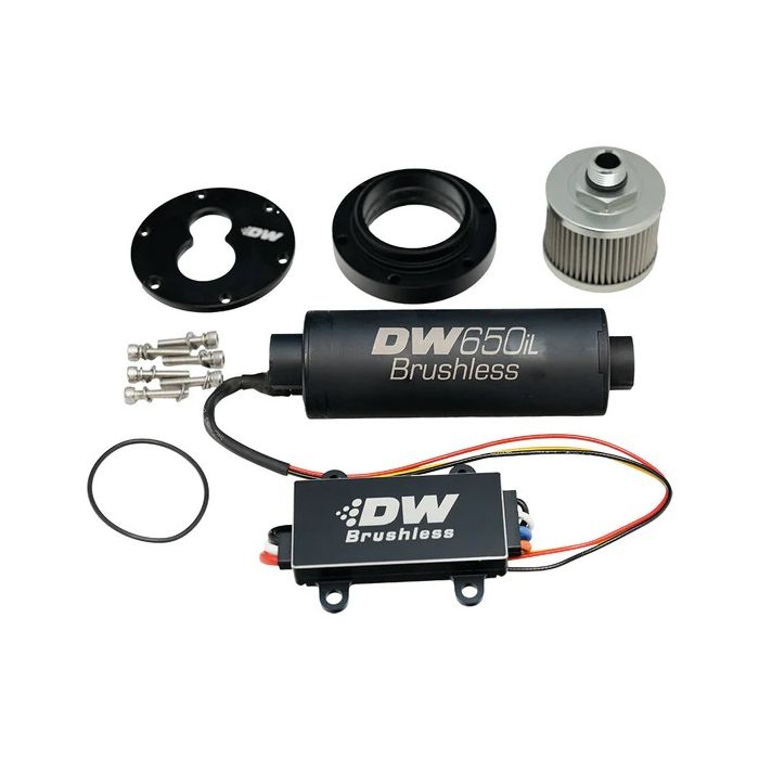DeatschWerks Internal Pump Adapter and 650 LPH DW650iL Brushless Fuel Pump for 3.5L Surge Tank.