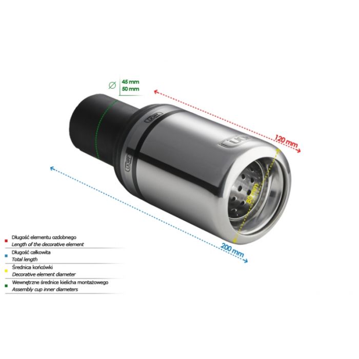 80mm long, 120mm mounting diameter, 45mm round universal exhaust tip.