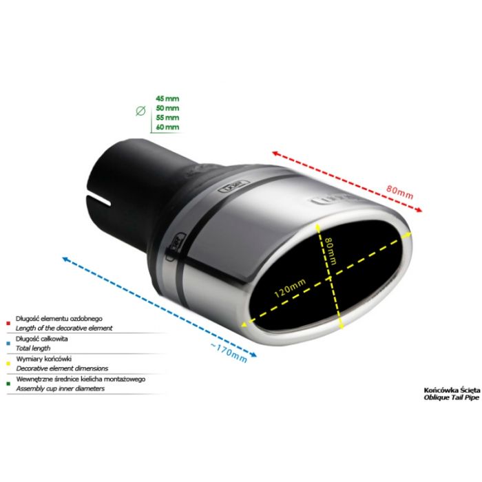 Universal 120 x 80mm Oval Exhaust Tip, 80mm Length, 45mm Mount Diameter.