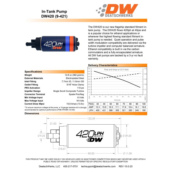 DeatschWerks DW420 420 LPH Fuel Pump for Subaru Forester 97-07, Impreza 93-07, Legacy 90-99 / 05-07.