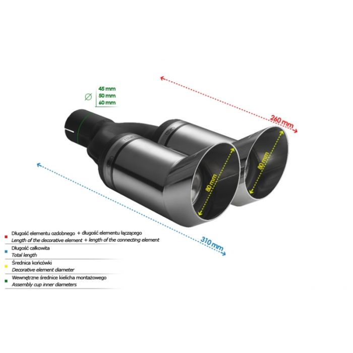 80mm Round Universal Exhaust Tip, 260mm Length, 60mm Mounting Diameter.