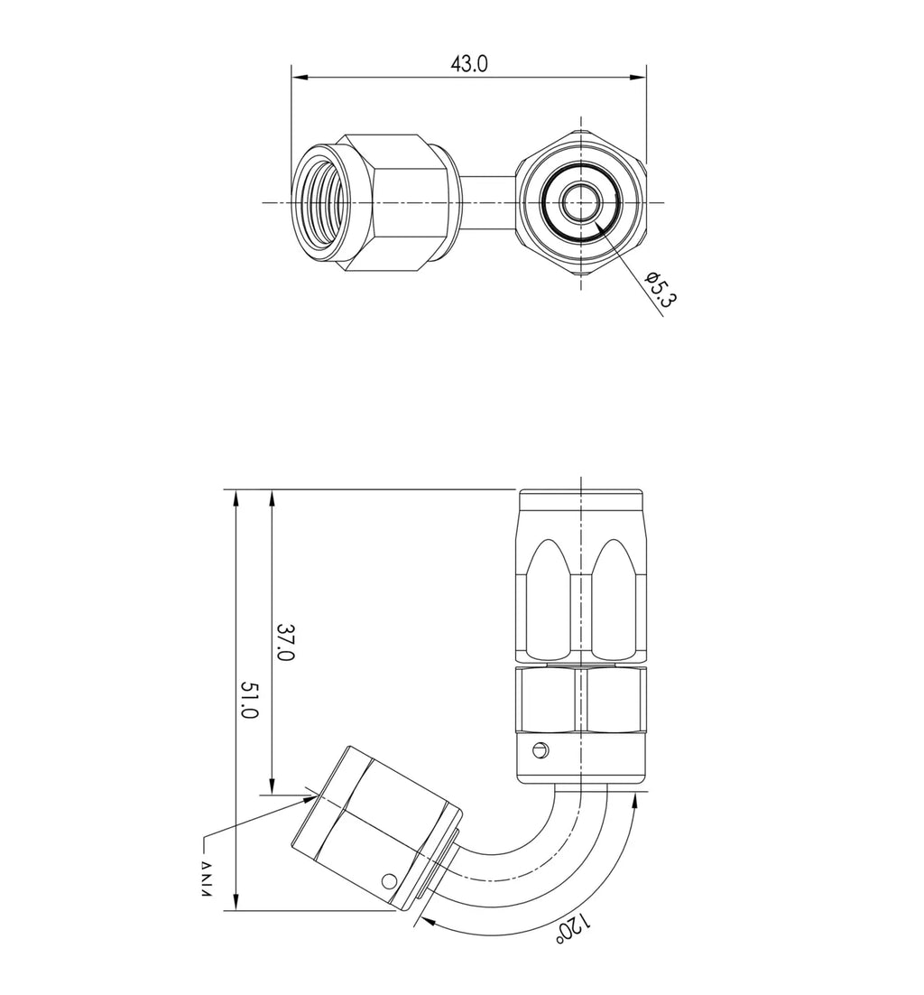 Extremo de manguera PTFE AN4 120°