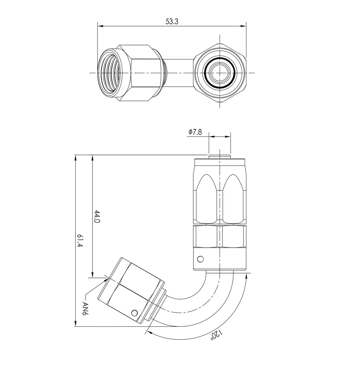 Extremo de manguera PTFE AN6 120°
