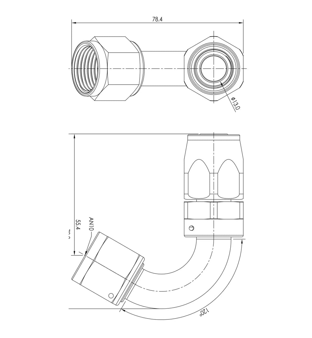 Extremo de manguera PTFE AN10 120°