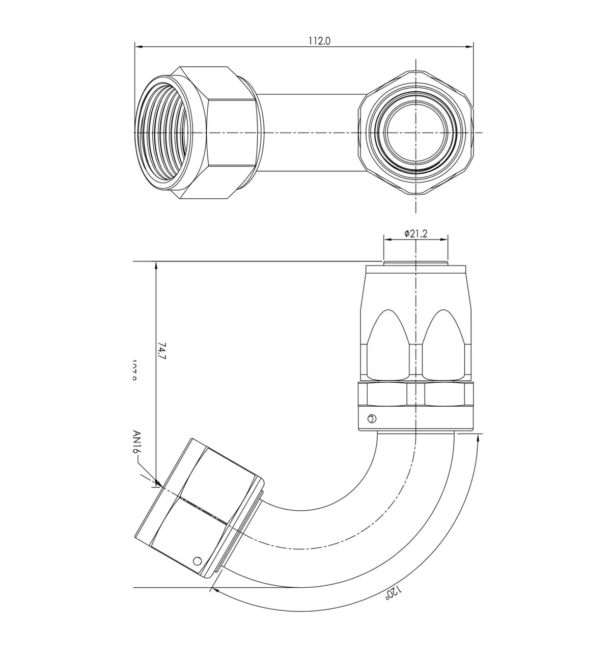 Extremo de manguera PTFE AN16 120°