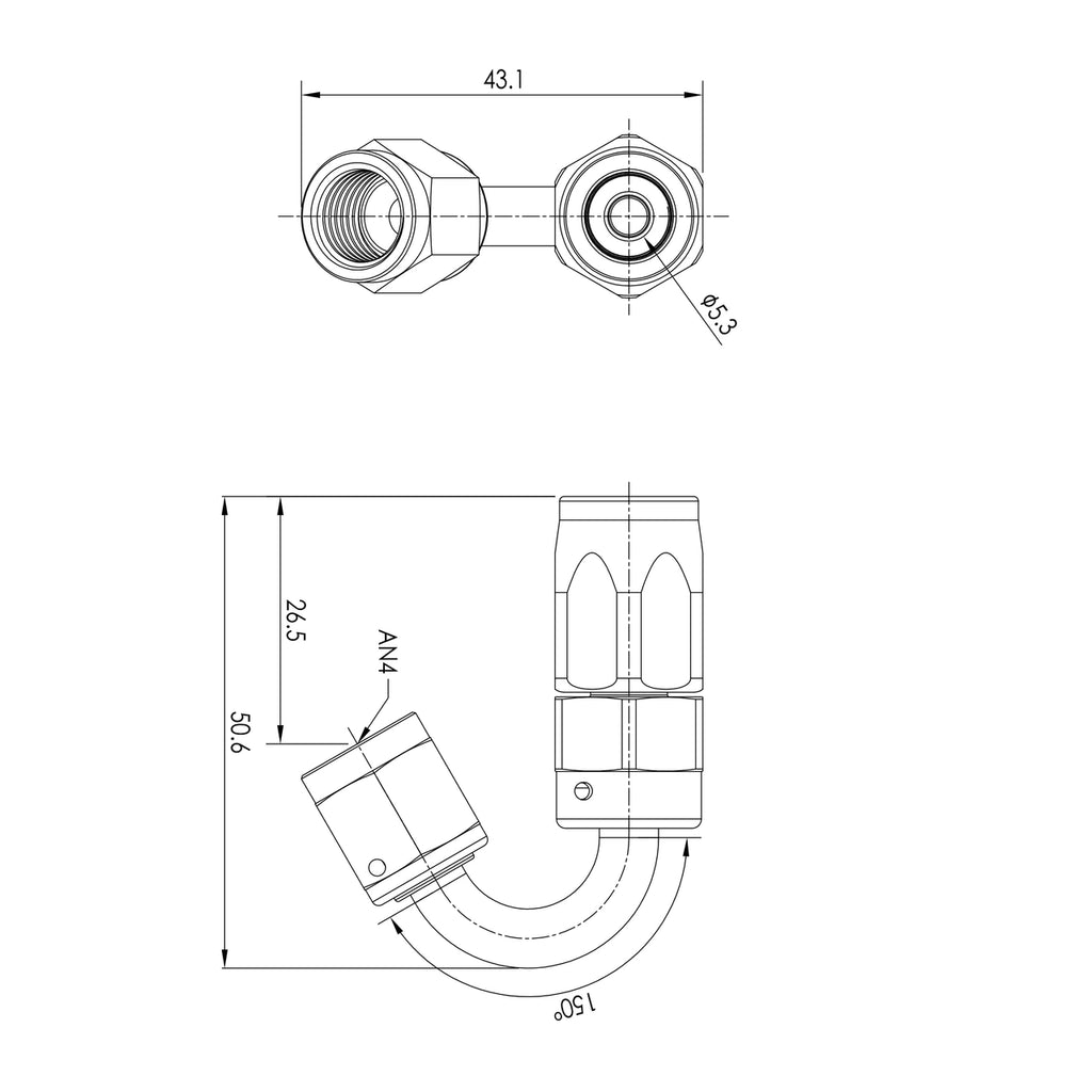 Extremo de manguera PTFE AN4 150°