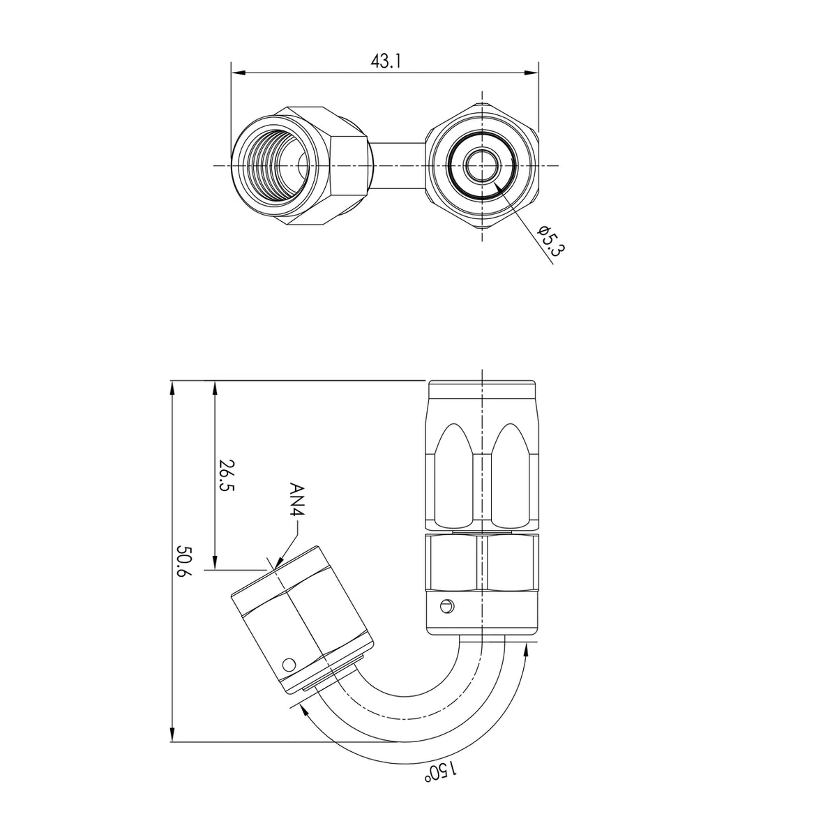 Extremo de manguera PTFE AN4 150°