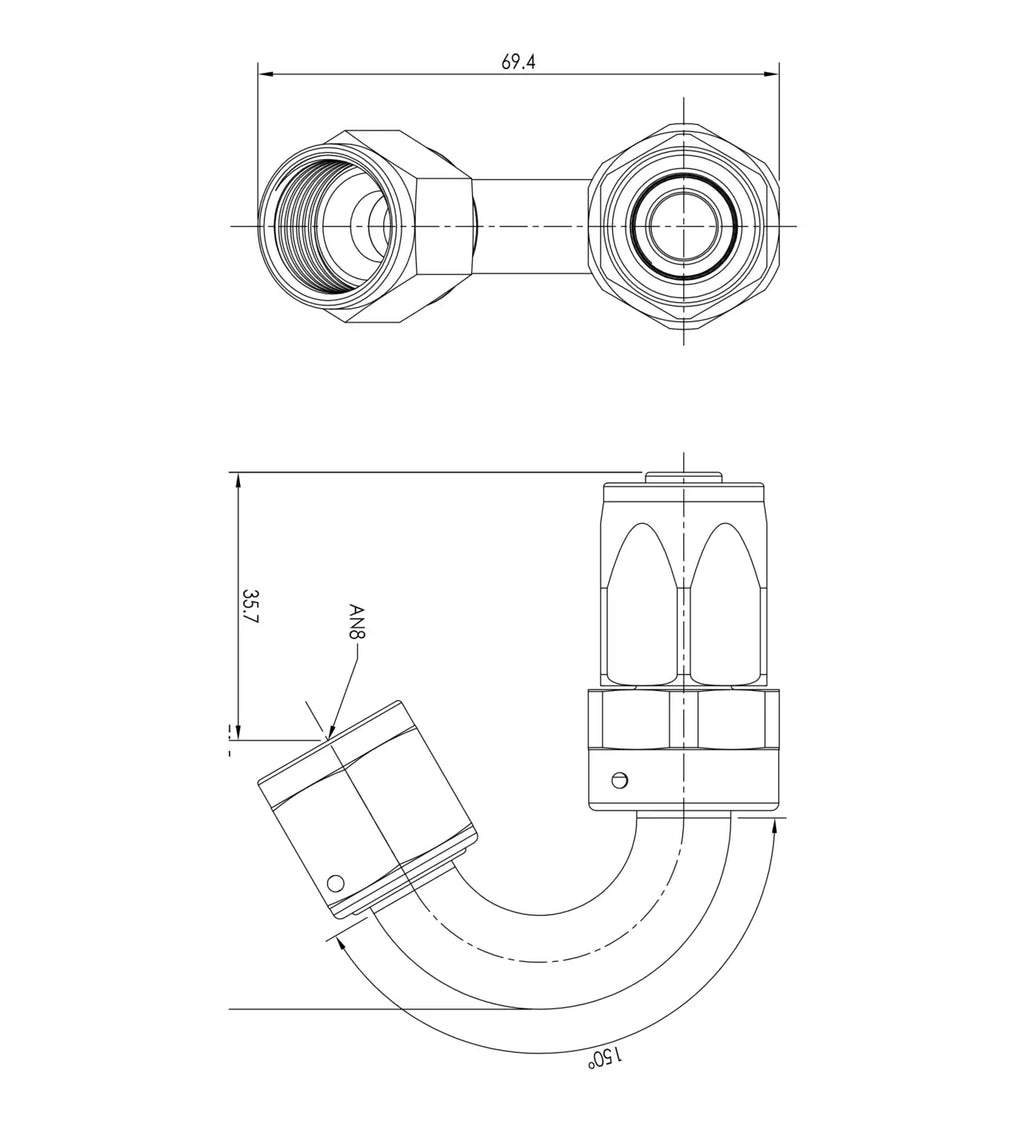 Extremo de manguera PTFE AN8 150°