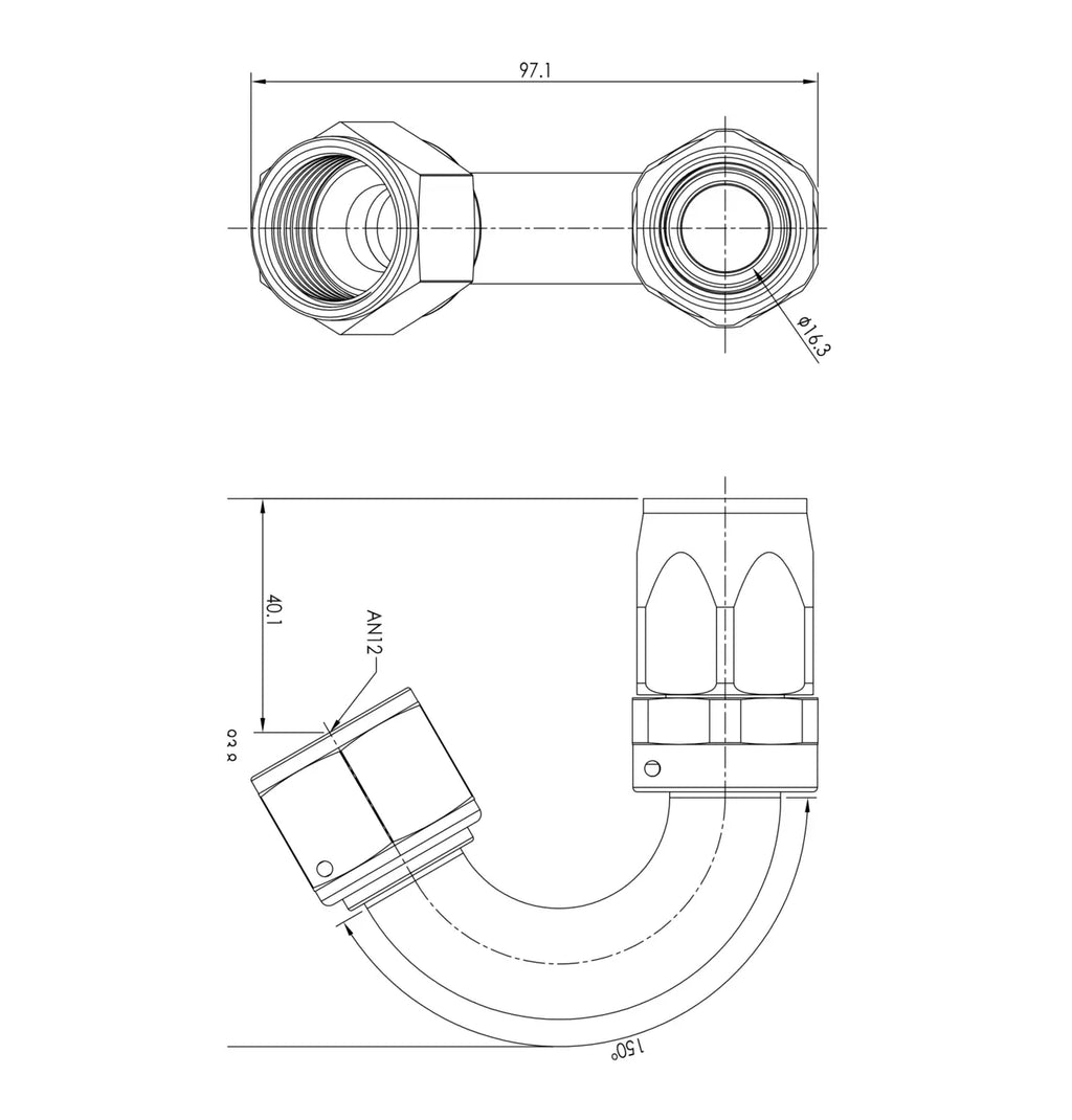 Extremo de manguera PTFE AN12 150°