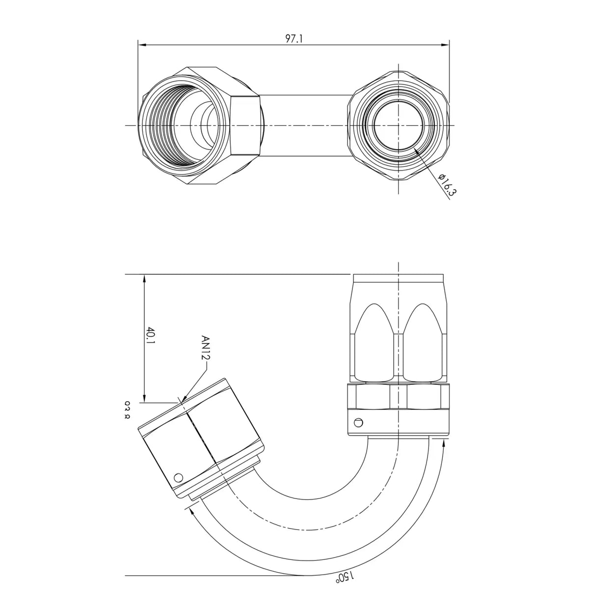 Extremo de manguera PTFE AN12 150°
