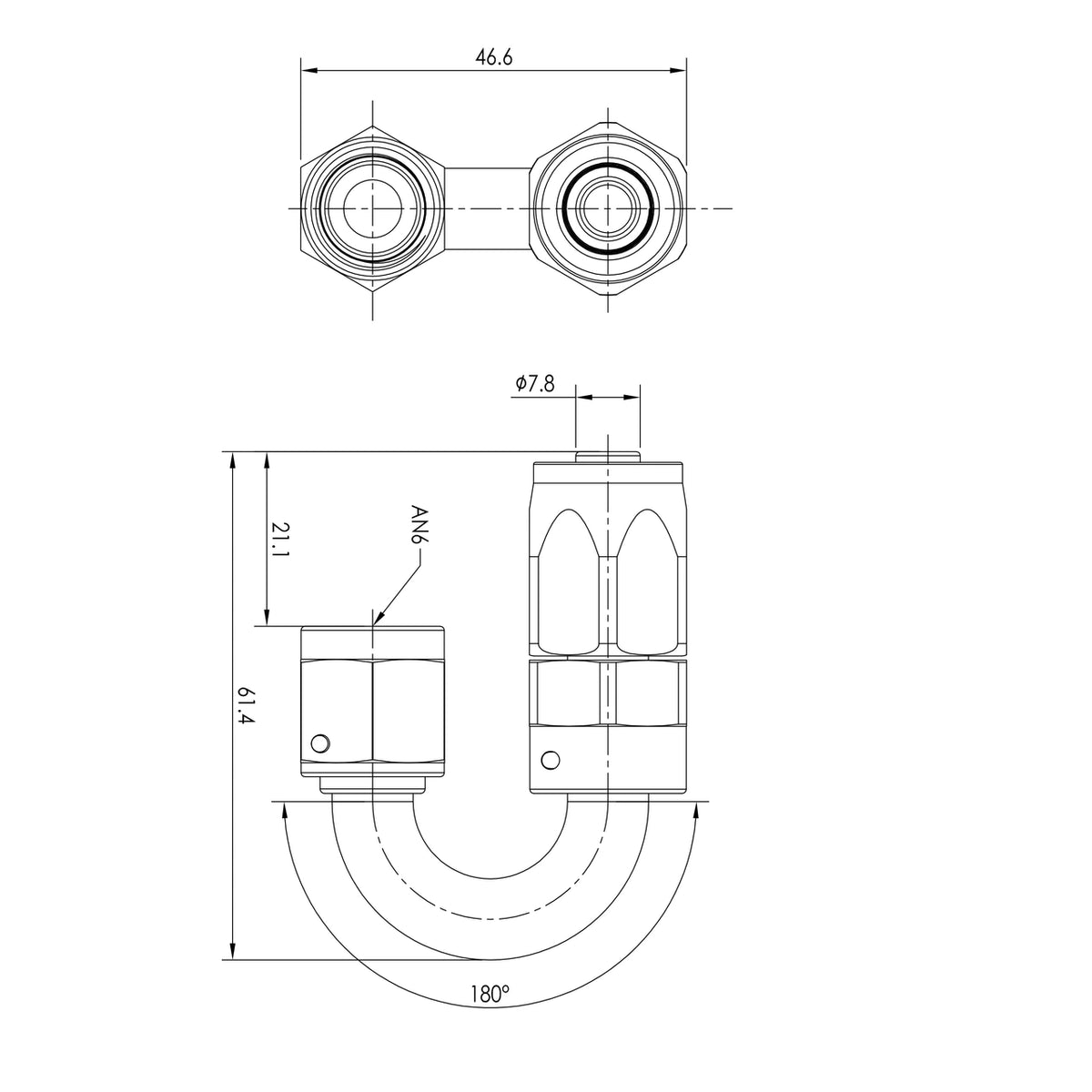 Extremo de manguera PTFE AN6 180°