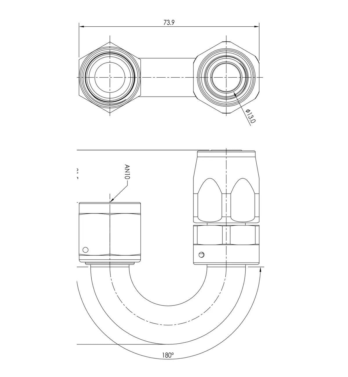 Extremo de manguera PTFE AN10 180°